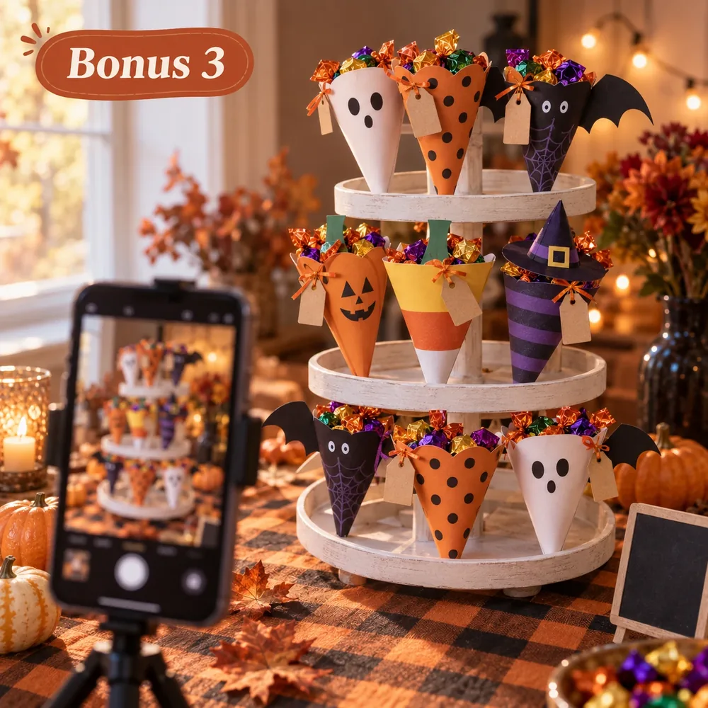 Halloween treat cones displayed on a tiered stand with tags