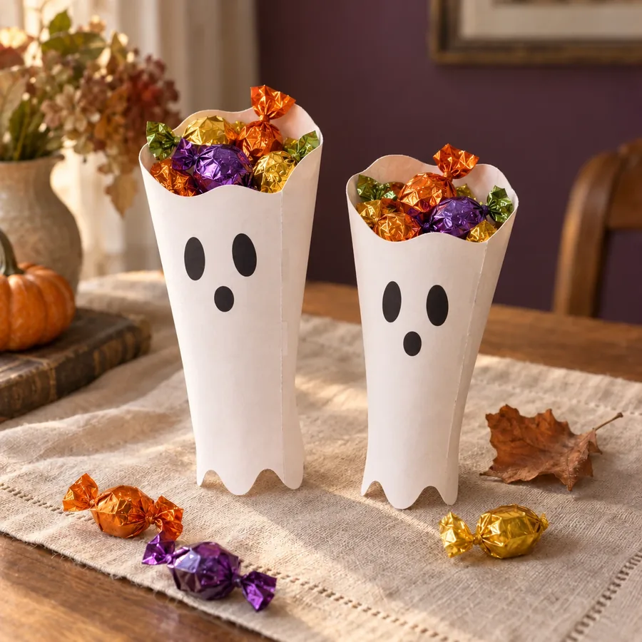 Two ghost-shaped Halloween treat cones