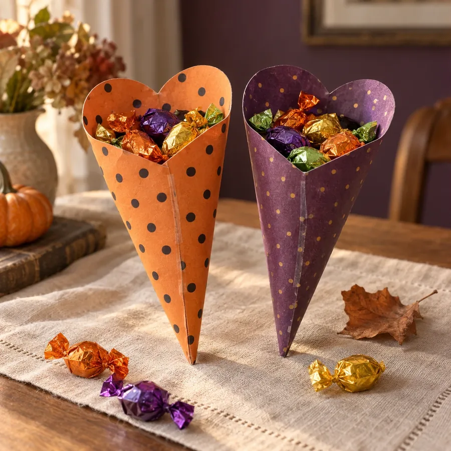 Orange and purple heart-shaped Halloween treat cones