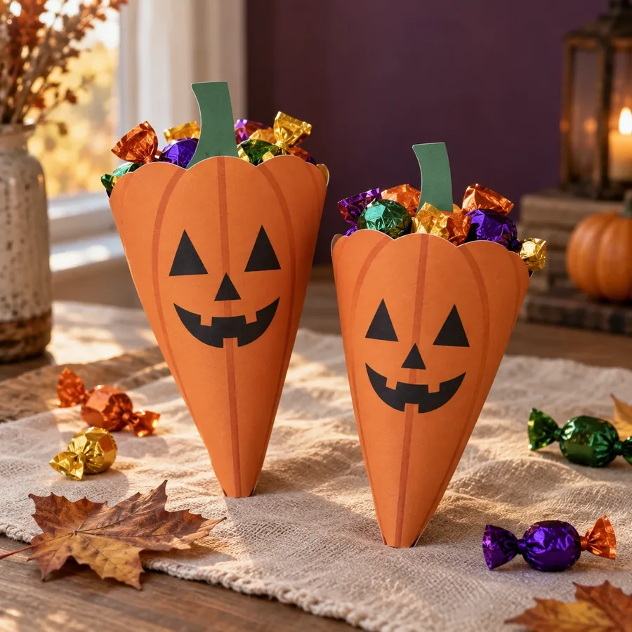 Two pumpkin-shaped Halloween treat cones