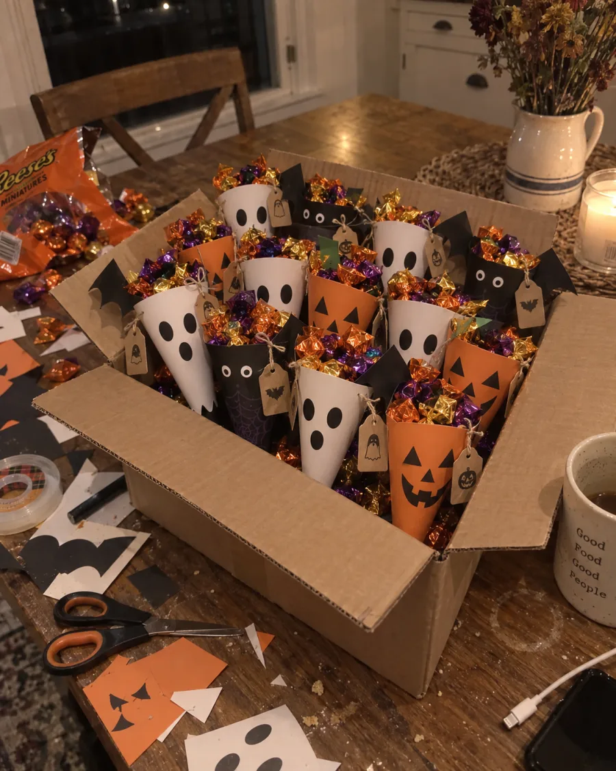 An open box packed with finished ghost, bat and jack-o-lantern treat cones on a kitchen table at night