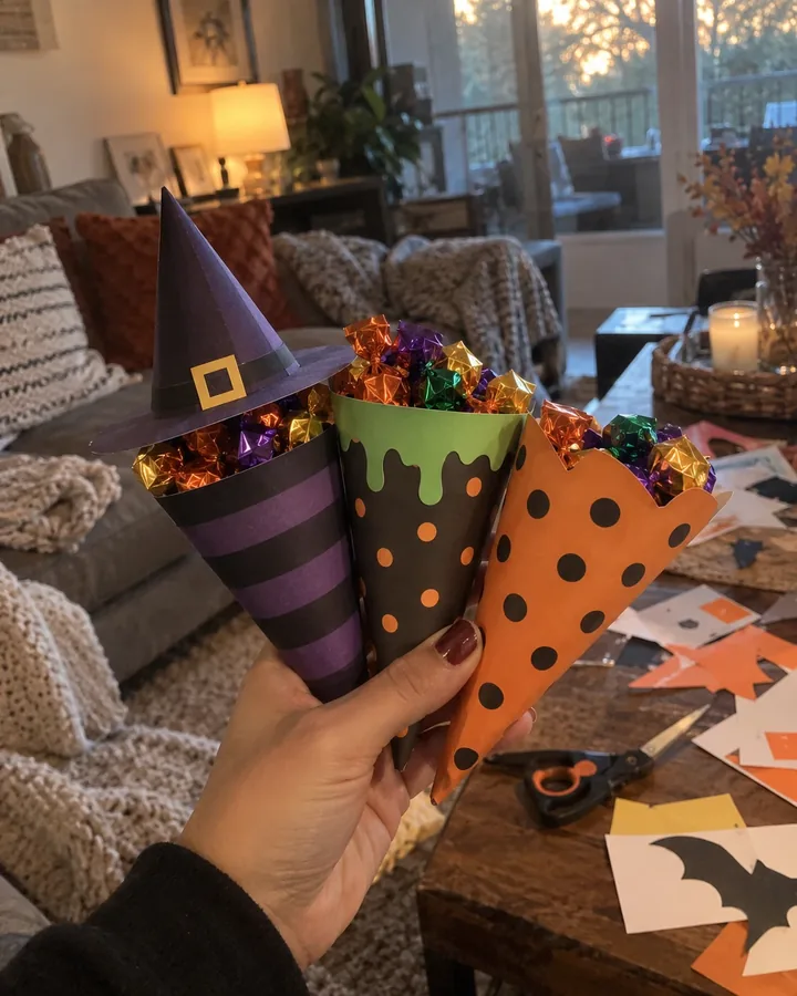 Witch hat, cauldron and heart treat cones held in one hand