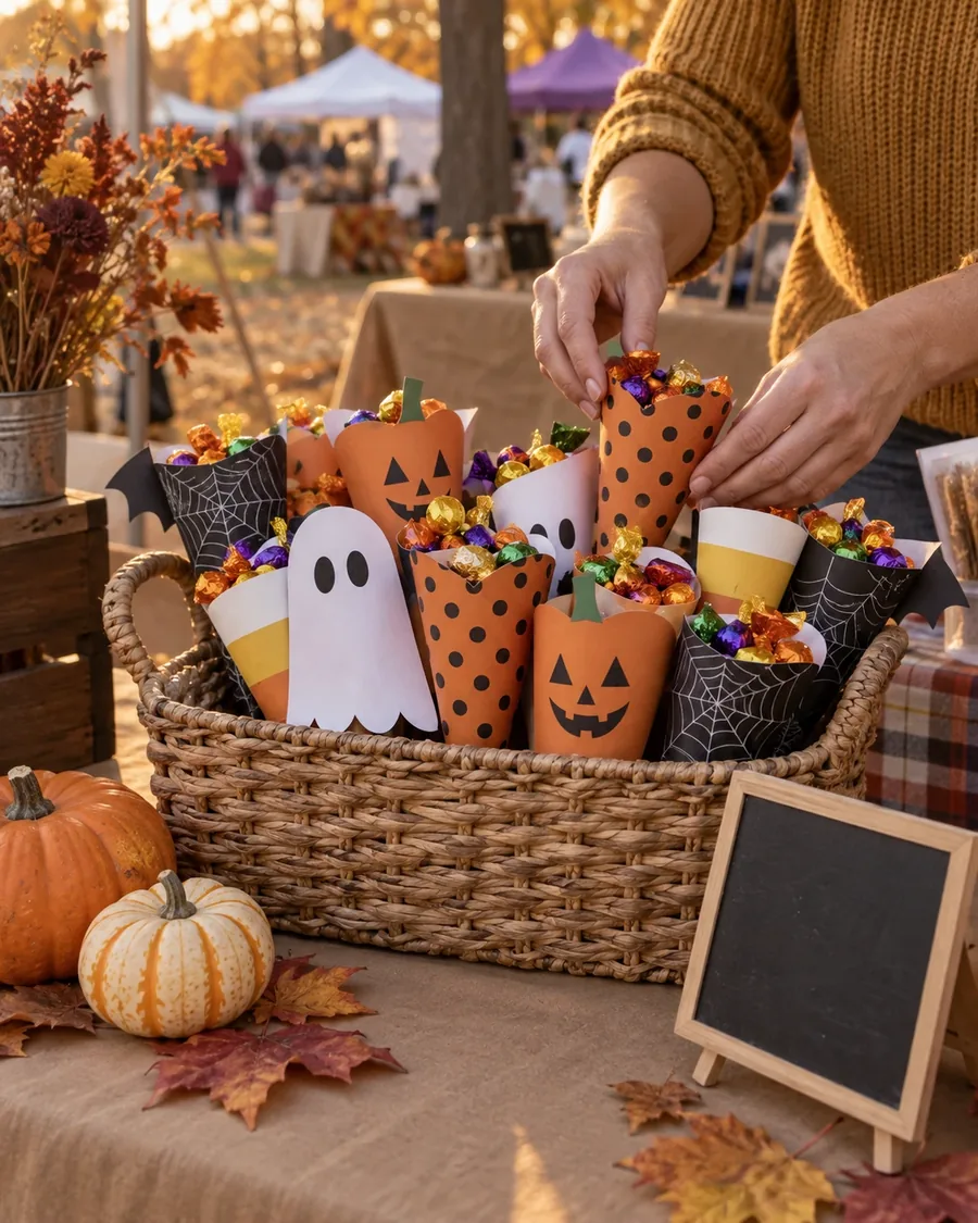 Handmade Halloween treat cones in a basket at a fall craft fair table